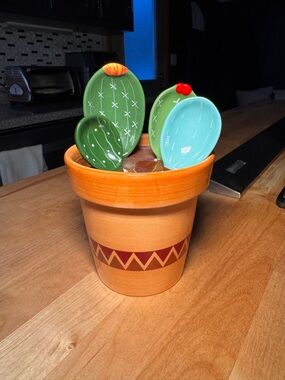 Handpainted Ceramic Cactus Measuring Cup and Spoons